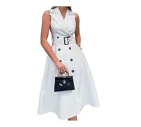 Generale Abito Camicia Donna cinturato Senza Maniche Colletto, Righe Sottili Linea A Midi Vita cintrata Elegante Lavoro Casual Estate(White,S)