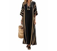 Generale Abito Kaftano Donna Estate 2026 Boho Maxi, Maniche 3/4 Collo a V Rigato Copricostume Spiaggia con Tasche(Black,XL)