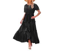 Generale Abito Lungo Donna Estate Floreale Boho Maniche a Sbuffo, Orlo a Volantini a Strati Fluido Abito Vacanze Spiaggia(Black,M)