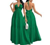 Generale Abito Lungo Donna Estate Fluido Collo a Halter Collo a V Schiena Scoperta Linea A Tendenza 2026 Outfit Elegante Spiaggia Vacanze Casual(Emerald Green,XS)