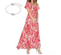 Generale Abito Maxi Boho Floreale Scollo a V Maniche a Volant in Chiffon Fluido Estate Elegante Spiaggia invitata Matrimonio 2026(Red,XL)