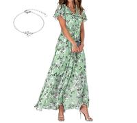 Generale Abito Maxi Boho Floreale Scollo a V Maniche a Volant in Chiffon Fluido Estate Elegante Spiaggia invitata Matrimonio 2026(Green 2,XL)