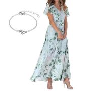 Generale Abito Maxi Boho Floreale Scollo a V Maniche a Volant in Chiffon Fluido Estate Elegante Spiaggia invitata Matrimonio 2026(Green 1,XL)