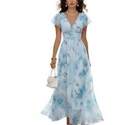 Generale Abito Maxi Floreale Donna invitata Matrimonio, Scollo V Vita Empire Chiffon Fluido Abito da Sera Boho Vacanze Estate(Blue,M)