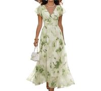 Generale Abito Maxi Floreale Donna invitata Matrimonio, Scollo V Vita Empire Chiffon Fluido Abito da Sera Boho Vacanze Estate(Green,S)
