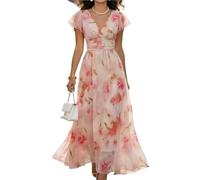 Generale Abito Maxi Floreale Donna invitata Matrimonio, Scollo V Vita Empire Chiffon Fluido Abito da Sera Boho Vacanze Estate(Pink,XL)