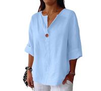 Generale Tunica Lino Donna Maniche 3/4 Collo a V vestibilità Ampia, Camicia Estiva Cotone Lino Abbigliamento Resort(Blue,M)