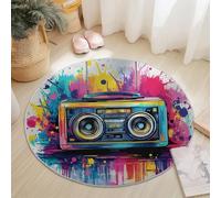 Generi Tappeto rotondo lavabile, 245 cm, colorato, morbido, soffice, rotondo, stile graffiti, retrò, con stampa radio, a pelo corto, antiscivolo, in flanella, per ingresso, soggiorno, camera da letto