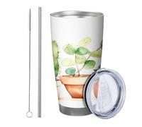 Generic 1 bicchiere botanico in vaso per piante grasse cactus acquerello foglie pianta bella verde marrone in acciaio inox infrangibile per viaggi piscina ufficio con coperchio tazza