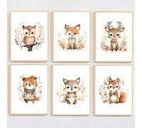 Generic 6 Stampe Animali del Bosco Bambini Boho Quadri Camera Bimbo Safari Decorativi da Parete Marrone Poster Camera Ragazza Regalo Tela 21 x 30 cm senza Cornice