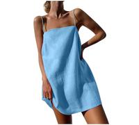 Generic - Abito estivo da donna in cotone e lino, con spalline sottili, scollo quadrato, stile camicia, per donne di piccola statura, ideale per le vacanze al mare, mini, corto, vestitino casual. I