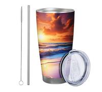 Generic Alba con coperchio e cannuccia, riva da spiaggia, bellissimo paesaggio naturale, onde dell'oceano, nuvola, blu cielo e arancio, refrigeratore per lattine isolato, senza fuoriuscite