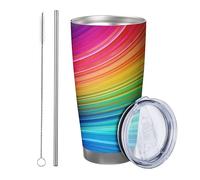 Generic Arcobaleno con coperchio e cannuccia bicchiere psichedelico abbagliante linee artistiche disegni moda bellezza colorato isolato metallo lattina raffreddamento No fuoriuscite scuola college