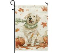 Generic Bandiera da giardino autunnale Golden Retriever, simpatico cane con sciarpa verde zucche foglie decorazione da cortile, decorazione per esterni su entrambi i lati, 30,5 x 45,7 cm, arancione