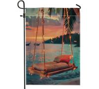 Generic Bandiera estiva al tramonto sulla spiaggia, giardino, amaca crepuscolare arancione, altalena da cortile, scena tropicale del tramonto, decorazione di relax costiera per le vacanze