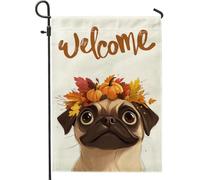 generic Bandiere autunnali da giardino con carlino dei cartoni animati 30,5 x 45,7 cm, per esterni, piante di cane carlino per l'autunno, bandiere verticali standard per la casa, per animali domestici