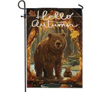 generic Bandiere da giardino autunnali con orso selvatico, 30,5 x 45,7 cm, per esterni, paesaggi autunnali della foresta, bandiere verticali standard per la casa, in lino, con foglia d'acero, con