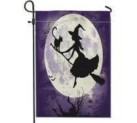 generic Bandiere da giardino con sagoma di strega viola 30,5 x 45,7 cm per esterni, strega di Halloween con gatto, bandiere verticali standard per la casa, bandiere per la casa in lino per cortile