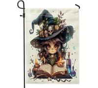 generic Bandiere da giardino con strega dei cartoni animati di Halloween, 30,5 x 45,7 cm, double face, per esterni, graziosa bandiera magica per la casa, in tela, per bambini, per esterni, piccola