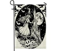 generic Bandiere da giardino con strega gotica di Halloween, 30,5 x 45,7 cm, per esterni, bandiere estetiche verticali standard per la casa, stile retrò, con castello sul cortile, cortile, prato