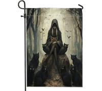 generic Bandiere da giardino con strega scura di Halloween, 30,5 x 45,7 cm, per esterni, bandiere verticali standard per la casa, in lino, con gatto, gufo, cortile, cortile, prato, decorazione per