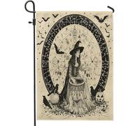 generic Bandiere da giardino per streghe di Halloween, 30,5 x 45,7 cm, double face, per decorazioni esterne, bandiera magica retrò per la casa, in tela, con corvo di pipistrello, piccola bandiera per