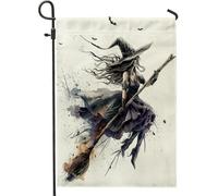 generic Bandiere da giardino per streghe di Halloween, 30 x 45 cm, per esterni, bandiere verticali standard per la casa in lino nero acquerello, bandiere per la casa, decorazioni per esterni