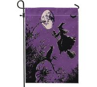 generic Bandiere verticali da giardino con sagoma viola con strega, 30 x 45 cm, double face, per esterni, per Halloween, strega, piccole bandiere per la casa in lino, bandiere per casa horror per