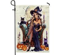 generic Bandiere verticali da giardino con strega anime di Halloween, 30,5 x 45,7 cm, double face, strega magica con gatto, piccole bandiere per casa in lino, bandiere retrò per la casa e il portico