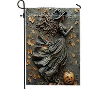 generic Bandiere verticali da giardino per cortile anteriore e cortile di Halloween Relief Witch 30 x 45 cm su entrambi i lati per esterni, bandiere per la casa in lino strega estetica retrò, bandiere
