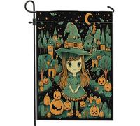 generic Bandiere verticali da giardino per Halloween, 30 x 45 cm, double face, per esterni, stile cartone animato, strega, piccole bandiere per casa, stile anime, divertenti bandiere per prato