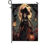 generic Bandiere verticali da giardino per Halloween Anime Witch Front Yard Backyard 30,5 x 45,7 cm double face per esterno, cartone animato pipistrello strega piccole bandiere per casa in lino
