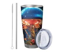 Generic Botanical con coperchio bicchiere Set di 1 fungo bosco natura pianta novità lago foglie blu chiaro rosso isolato metallo lattina raffreddamento No Spill scuola college vivaio senza stelo