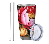Generic Botanico con coperchio e cannuccia bicchiere Fattoria Rustico Cottage Pianta Bella Fiore Foglie rosa verde blu Metallo Caldo e Freddo Infrangibile Ufficio Esterno Club Dormitorio Caffè bere