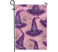 generic Cappello da strega viola Bandiere verticali da giardino sul cortile anteriore 12 x 18 su entrambi i lati per esterni, bandiere per la casa di Halloween in stile cartone animato strega