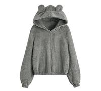 Generic - Cappotto in pile da donna con cappuccio, orecchie, tasche, patchwork, top casual, in pelliccia sintetica, per esterni 2023, cappotto in lana, ampio, felpa con cappuccio, tinta unita, morbida