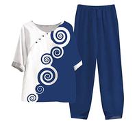 Generic Completo Da Donna Due Pezzi Casual Estivo Curvy Elegante Top Leggera Mezza Età Allentato Cardigan Due Pezzi Maniche Corte Anziani Camicia + Pantaloni Taglie Forti Stampato Cotone E Lino Tuta