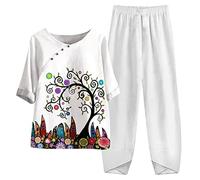 Generic Completo Da Donna Due Pezzi Casual Estivo Curvy Elegante Top Leggera Mezza Età Allentato Cardigan Due Pezzi Maniche Corte Anziani Camicia + Pantaloni Taglie Forti Stampato Cotone E Lino Tuta