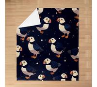 Generic Coperta in flanella con simpatici pulcinella di mare, 40x50 | Morbida e soffice coperta kawaii con pulcinella di mare e un tema costiero con notte stellata, ideale per il soggiorno, la