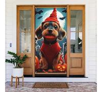 Generic Copertura per porta di benvenuto con stampa di scheletro e cane, 185 x 90 cm, decorazione stagionale per porta d'ingresso, portico