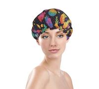 Generic Cuffia da doccia colorata con stampa ananas, impermeabile e riutilizzabile, per capelli da donna, cappello da doccia elastico a doppio strato