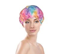 Generic Cuffia da doccia con stampa arcobaleno tie dye, impermeabile e riutilizzabile, per capelli da donna, doppio strato, elastico, protezione per capelli