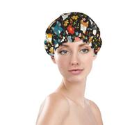 Generic Cuffia da doccia con stampa di gatti carini, cuffia da bagno impermeabile riutilizzabile per capelli da donna, cappello da doccia elastico a doppio strato