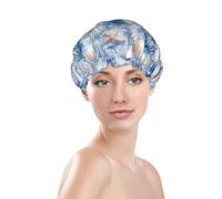 Generic Cuffia da doccia estiva con stampa di stelle marine, colore blu corallo, impermeabile, riutilizzabile, per capelli da donna, doppio strato, elastico, protezione per capelli