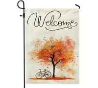 generic Divertente bandiera autunnale da giardino con bicicletta, 30,5 x 45,7 cm, double face, decorativa per esterni, con albero d'acero autunnale, bandiera per casa, scena all'aperto, piccola
