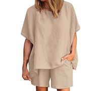 Generic Divertente salvadanaio scollo rotondo in cotone tinta unita lino pantaloncini due pezzi tuta pigiama bottoni donna, cachi, L