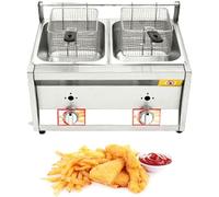 Generic Friggitrice a gas GPL da banco commerciale - Doppio serbatoio con cestello e coperchio 10Lx2, in acciaio inossidabile, propano di grande capacità per patatine fritte - Cucina domestica