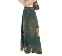 Generic Gonna di Jeans Blu Gonna Streetwear Strappata da Donna Gonna Lunga a Vita Alta Tasche con Nappe Gonna Dritta alla Moda Nuovo Stile-Blu-XL