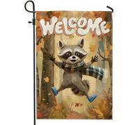 generic Happy Fall - Bandiere verticali da giardino con procione, 30 x 45 cm, double-face, per esterni, con animali divertenti per l'autunno, piccole bandiere per la casa in lino, per bambini, bosco