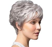 Generic Parrucca in fibra sintetica bianca, grigia, bionda, capelli corti ricci da donna, frangia inclinata di colore misto, resistente al calore, dimensioni 57 cm